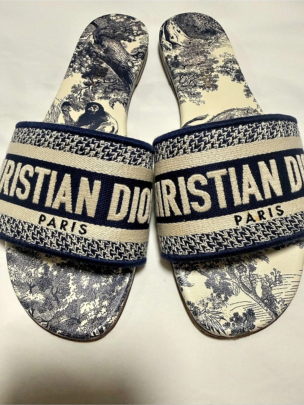 Christian Dior Granville Slide Toile de Jouy Sandals Blue & White